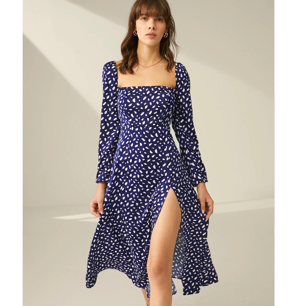 Silky Square Neck Long Sleeve Puff Sleeve Midi Dress